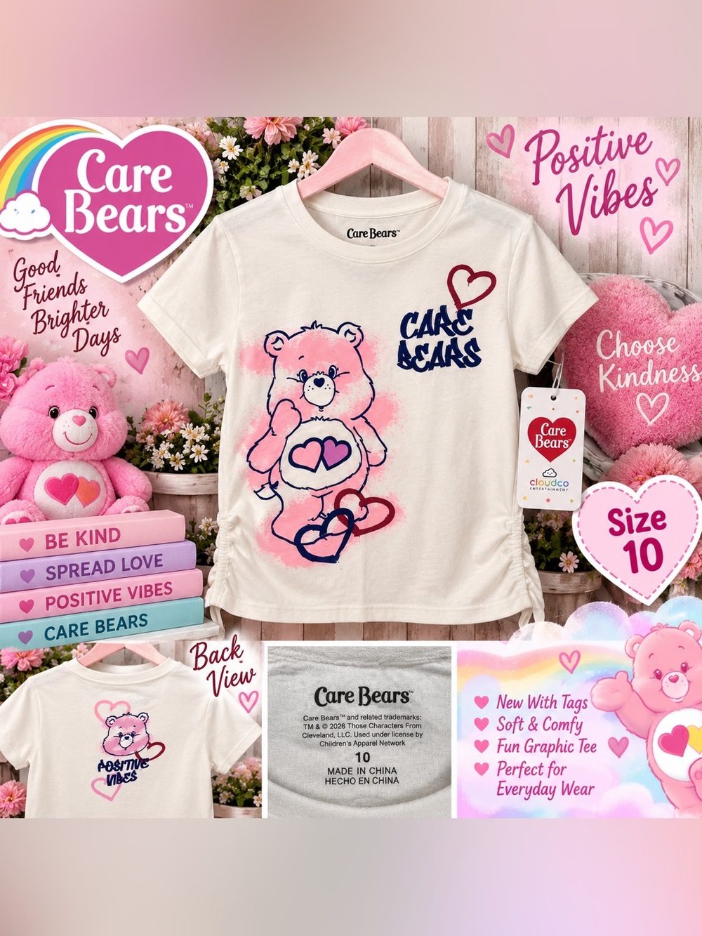 Care Bears Girls Size 10 Graphic T-Shirt Positive Vibes Hearts Cream NWT